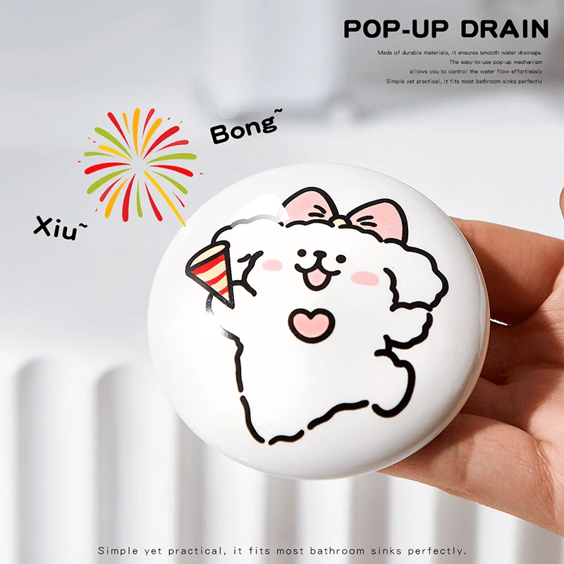 可爱小狗陶瓷洗脸盆卫生间洗手池漏水塞洗脸盆下水器创意弹跳芯