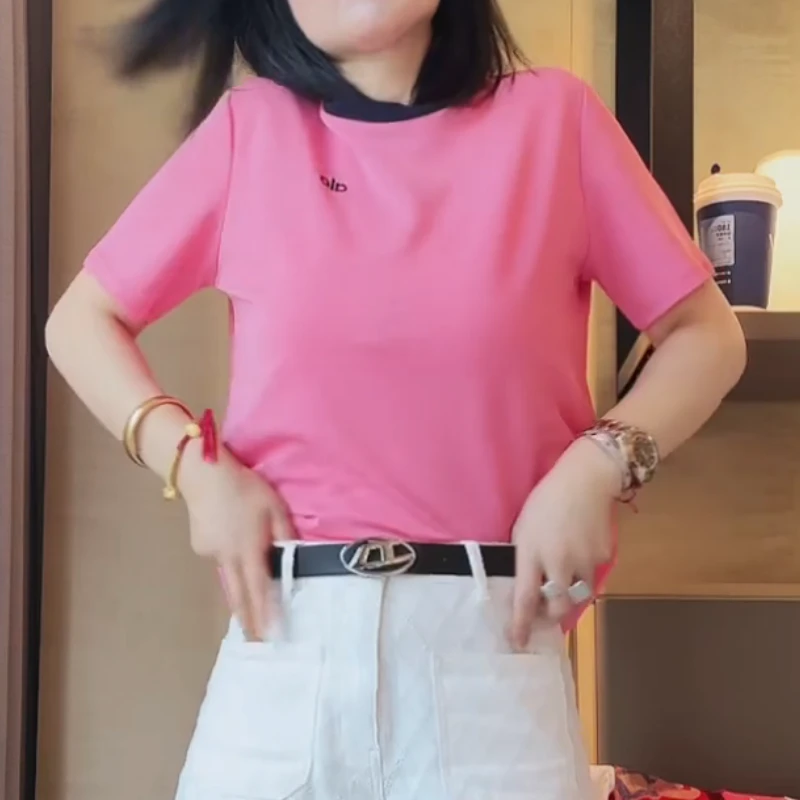 2025春夏新款欧若风字母刺绣领口撞色拼接短袖上衣LK2502423