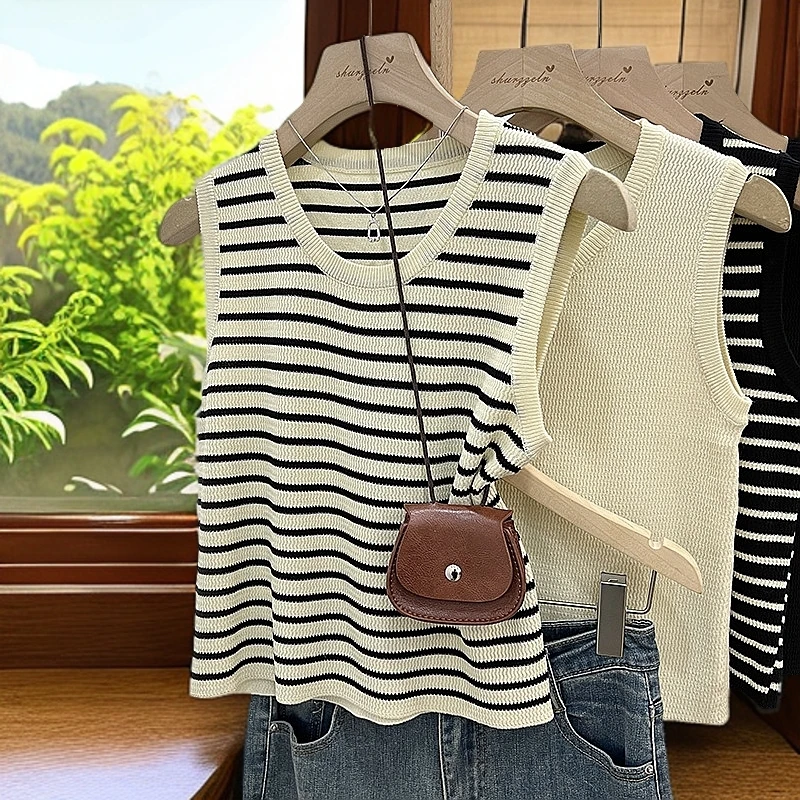 2025新款黑白条纹撞色打底针织吊带小背心女夏季遮副乳防走光上衣