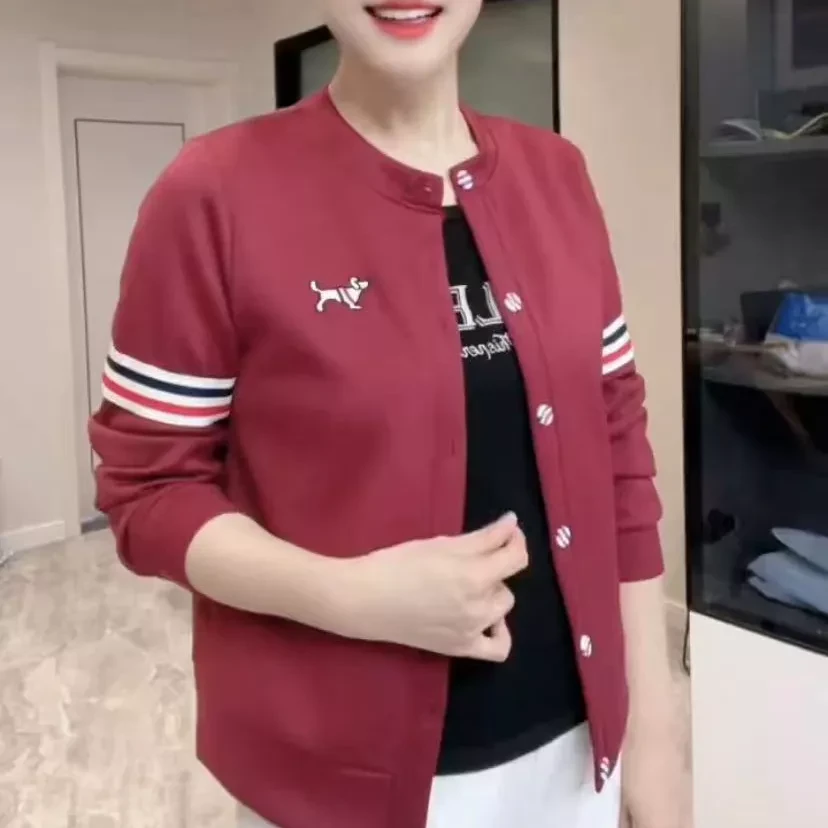 2025春秋季新款拼色洋气刺绣外套女韩版时尚百搭休闲开衫圆领上衣