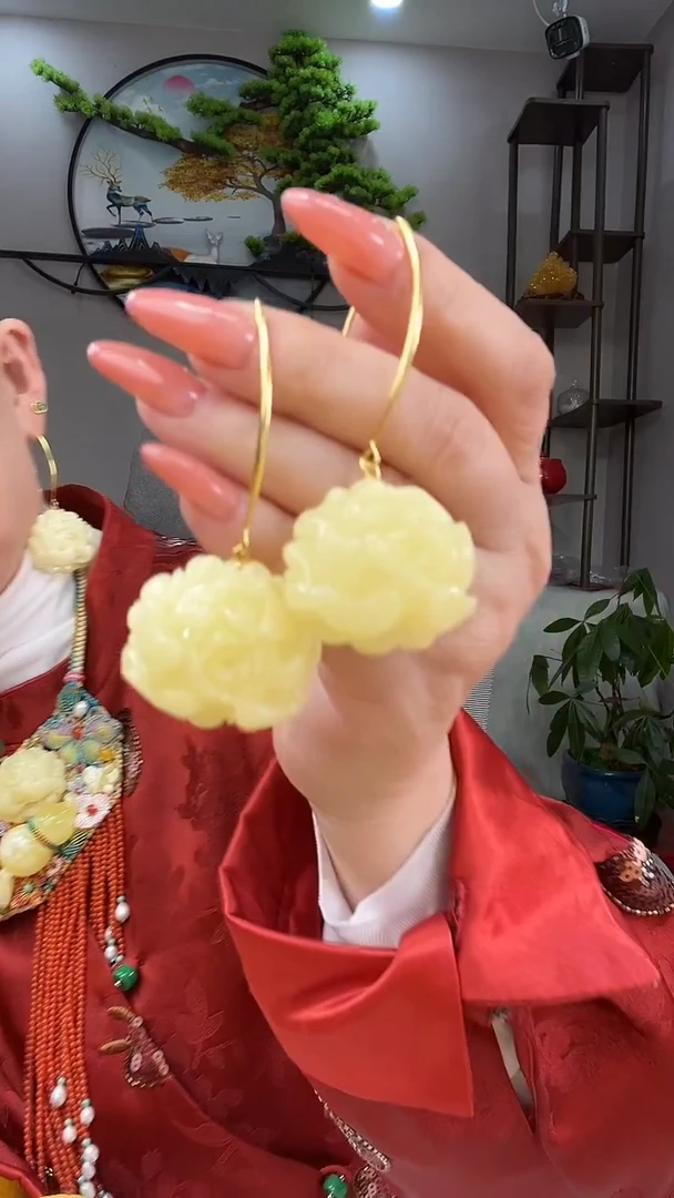 琥珀银S925镶嵌耳饰耳环