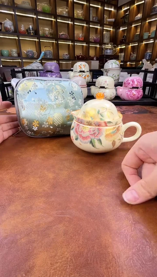 .刺绣牡丹茶咖杯+刺绣包