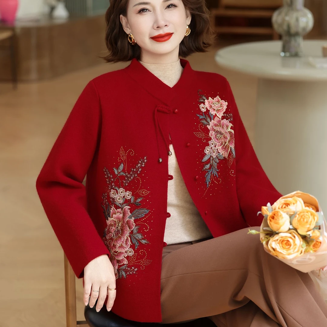 新中式民族风中老年喜婆婆加厚中国风绣花秋冬复古妈妈装中式外套