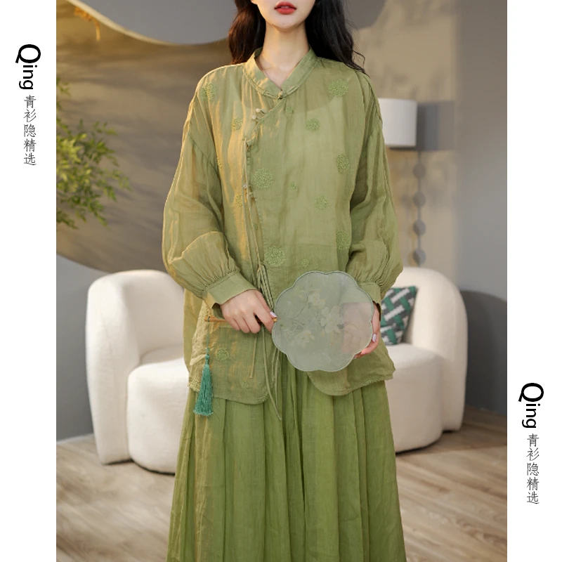 6248原创新款设计斜襟苎麻刺绣抽绳上衣长袖衬衫