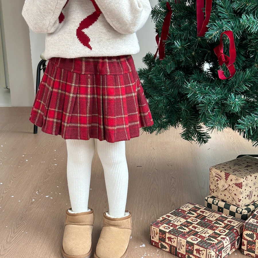 【小梨涡】儿童百褶裙冬季装女童韩版毛呢格纹百搭半身短裙24B020