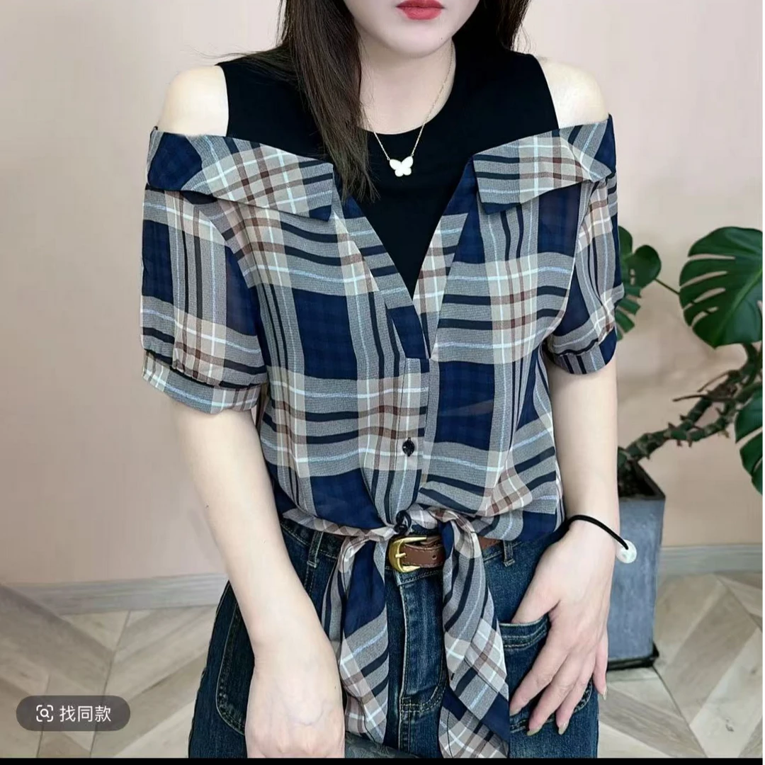 设计感镂肩格子印花百搭衬衫系带短袖时尚复古上衣减龄轻奢女装