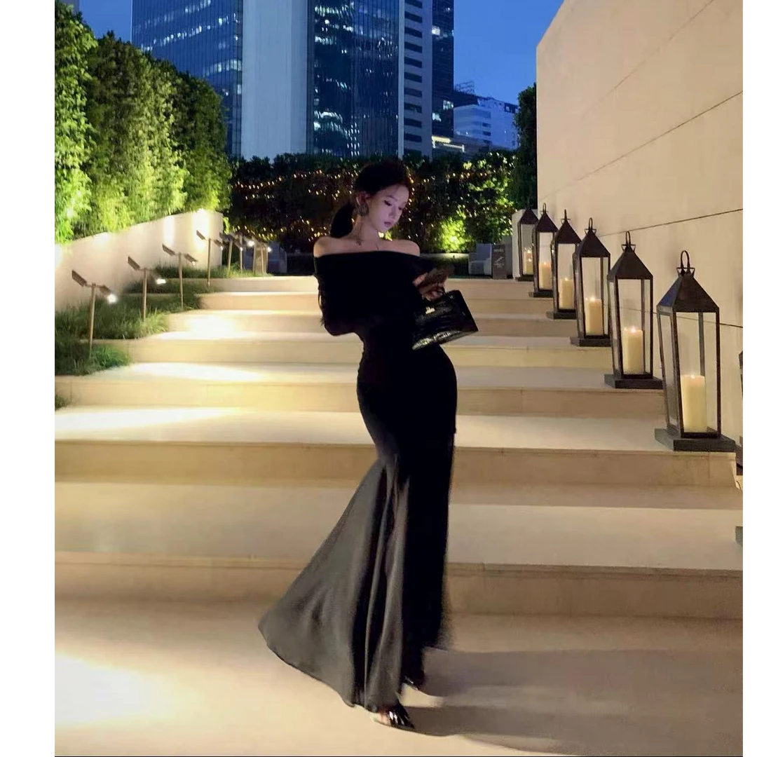 温柔盛宴纯色针织卷边连衣裙简约雪纺拼接修身长裙