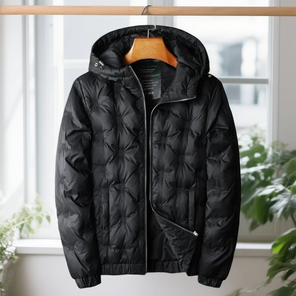 娜罗普西重工压花刺绣连帽羽绒服外套男休闲冬新款男士厚保暖上衣