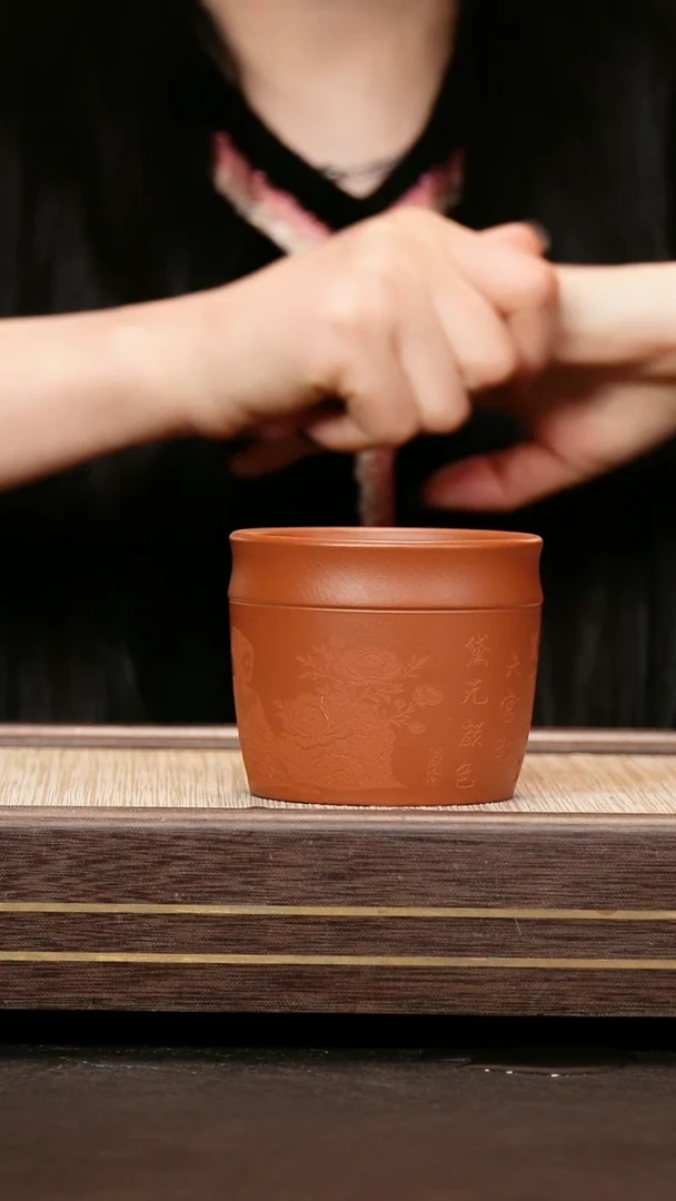 茶壶紫砂红泥 竹节杯 刻绘美人图