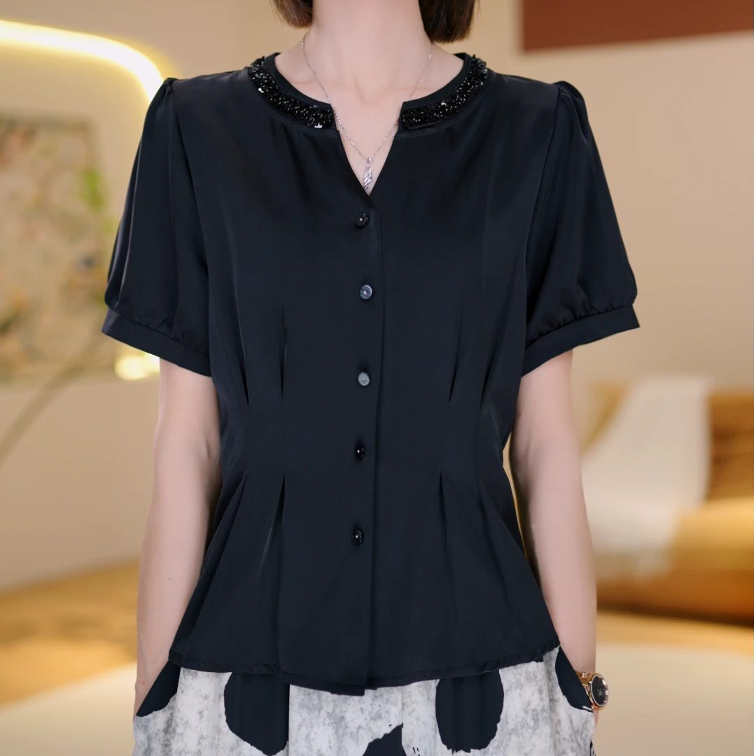 新品夏季轻奢气质设计感V领开衫百搭高级感短袖新款衬衣