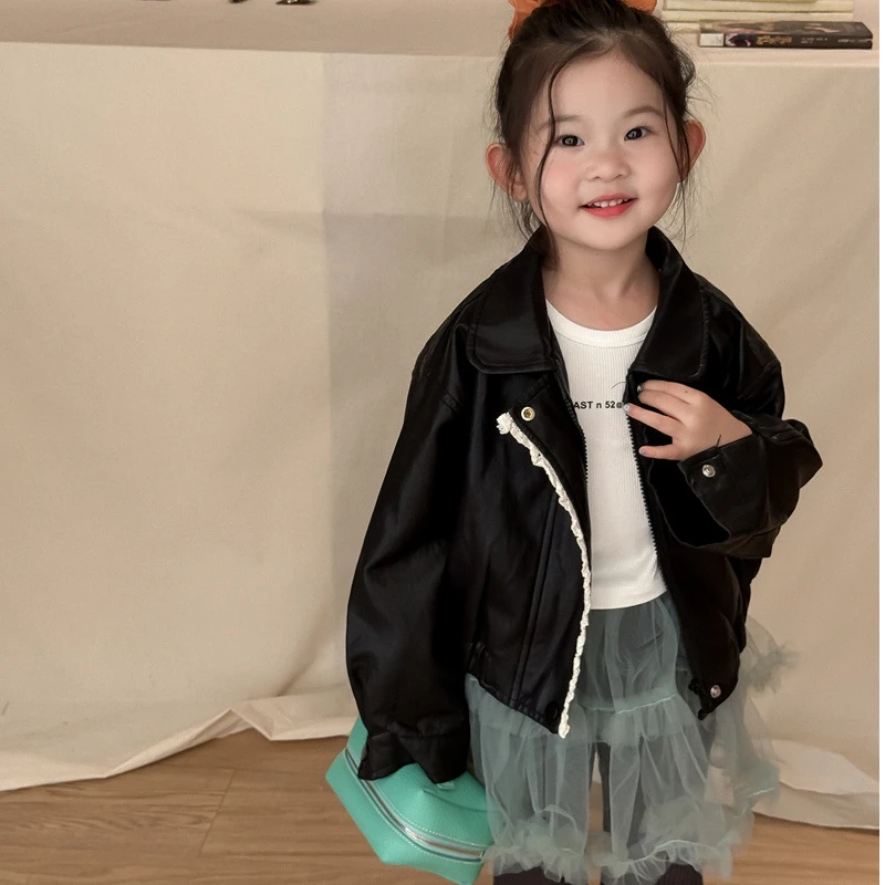 2025秋季新品 韩版 女童花边翻领皮衣 宝宝pu皮外套 内搭小背心