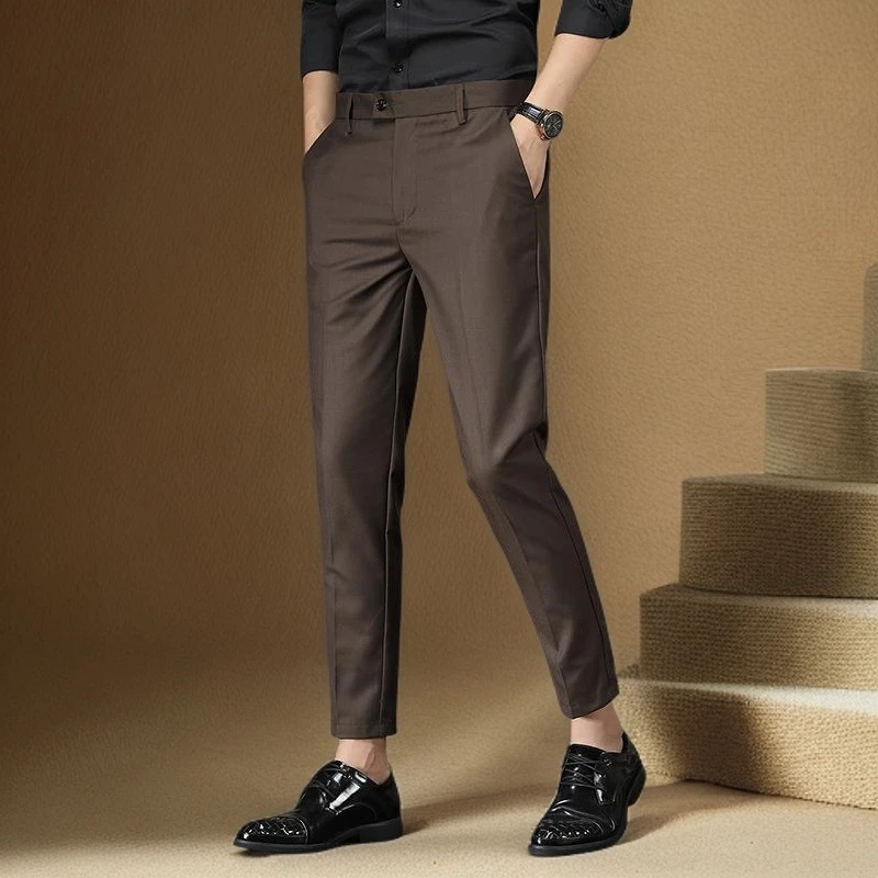 NYING秋薄款彩色修身时尚咖啡色弹力商务上班休闲小西裤男九分裤