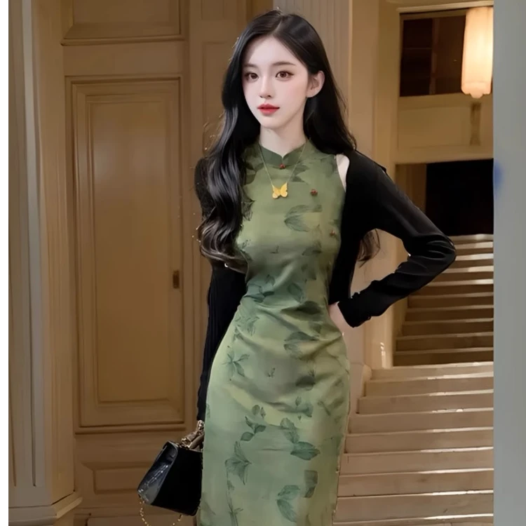 新中式国风改良版旗袍连衣裙侧开衩显身材气质长裙&防晒开衫9606