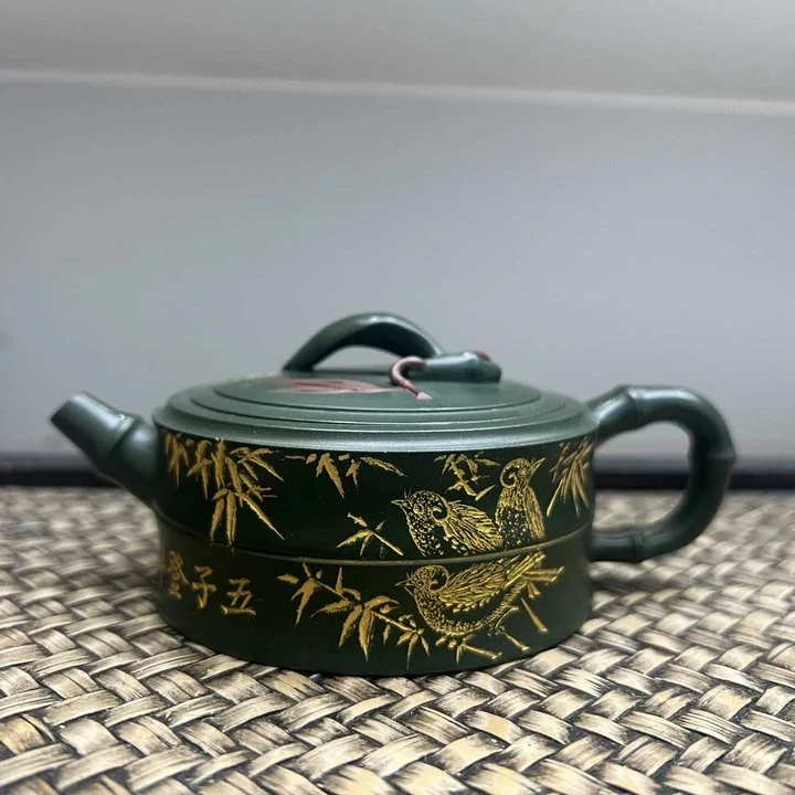 【古月壶来】N2102绿泥戗金花器（一壶四杯）黑金系列