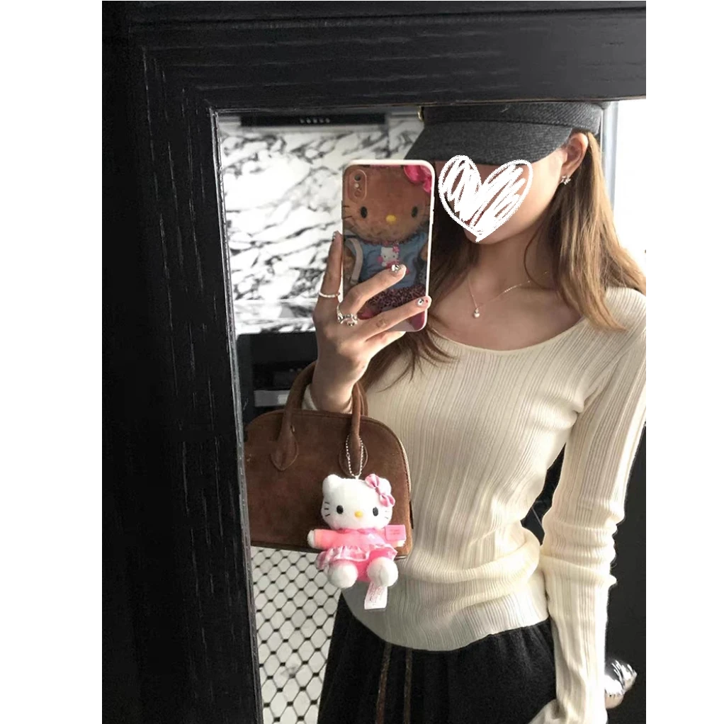 韩系穿搭u领打底女春秋收腰修身显瘦内搭粉色上衣长袖#Y8572