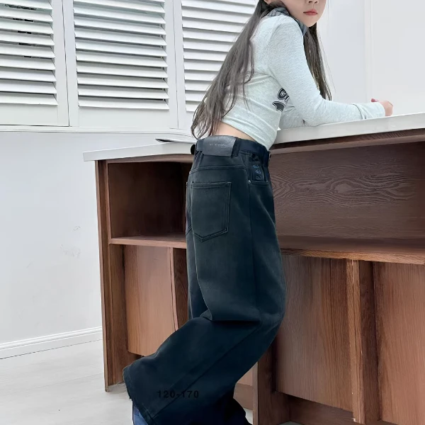 加厚直筒冬季秋冬女童女长裤黑色百搭一体绒牛仔裤6673