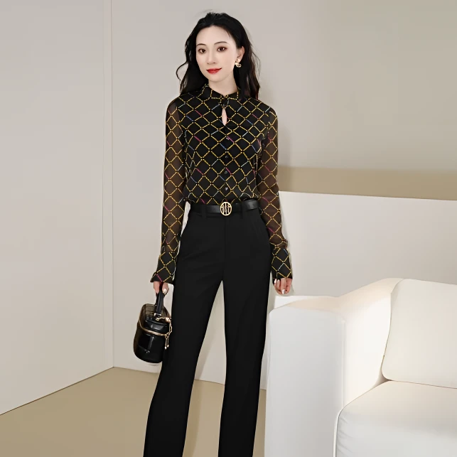 哥弟薄款新中式旗袍领格纹弹力纱衣秋季小个子女士衬衣1301057