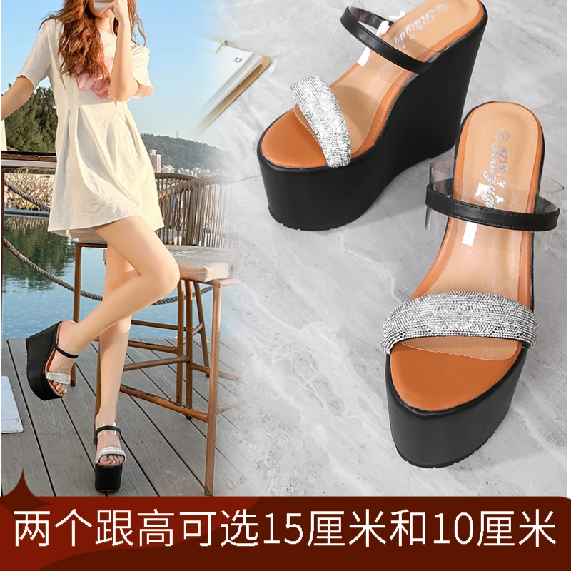 坡跟超高跟水钻女拖鞋时尚露趾松糕底大码