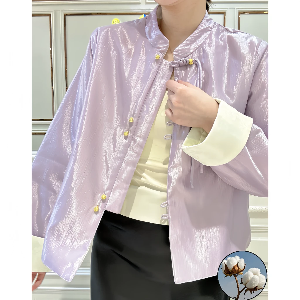 【虞紫琼】棉服新中式保暖冬季宽松百搭上衣女加厚珠光缎面加棉外套