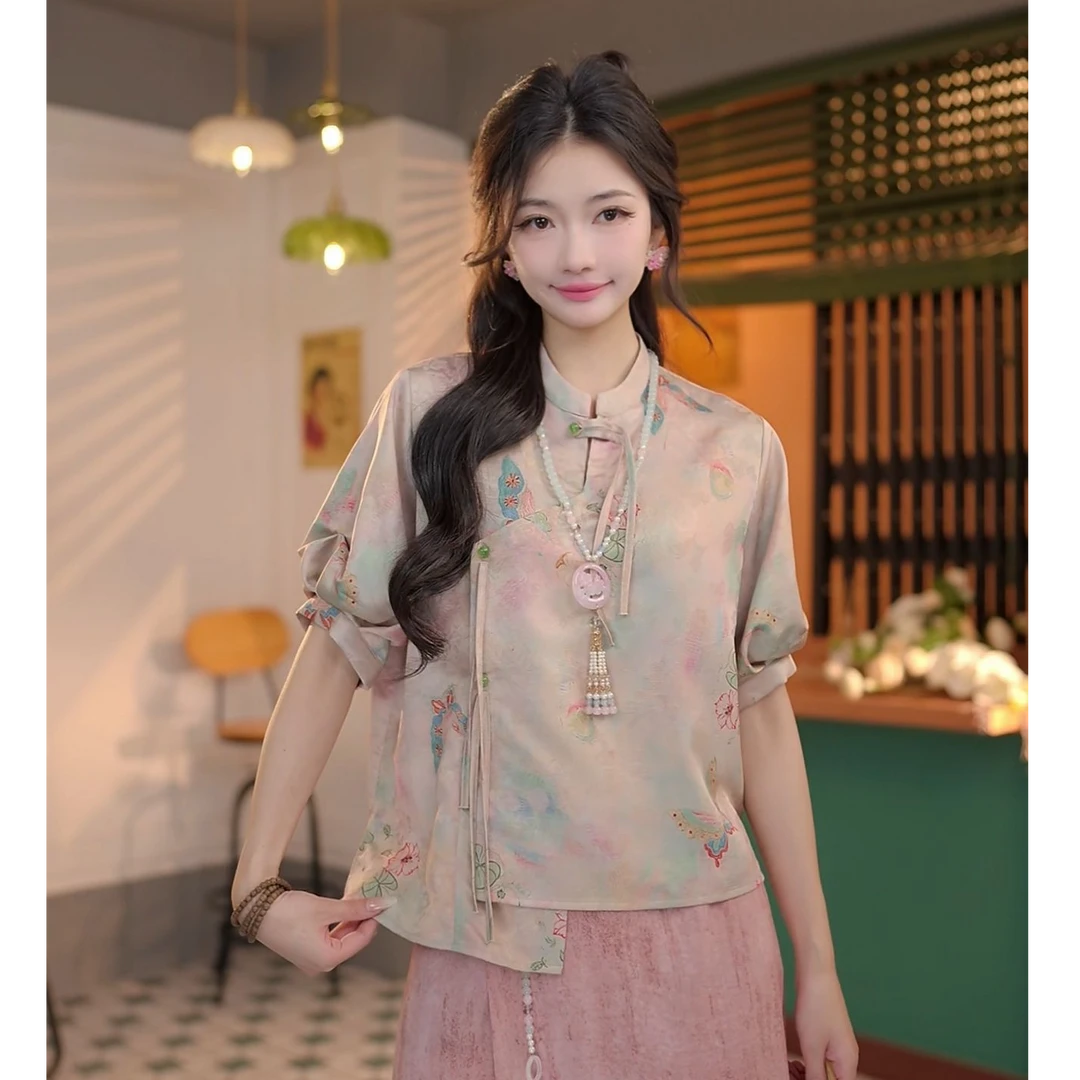 丁佳欣【墨染】新中式蝴蝶印花短袖衬衫女宽松休闲上衣DS1113417