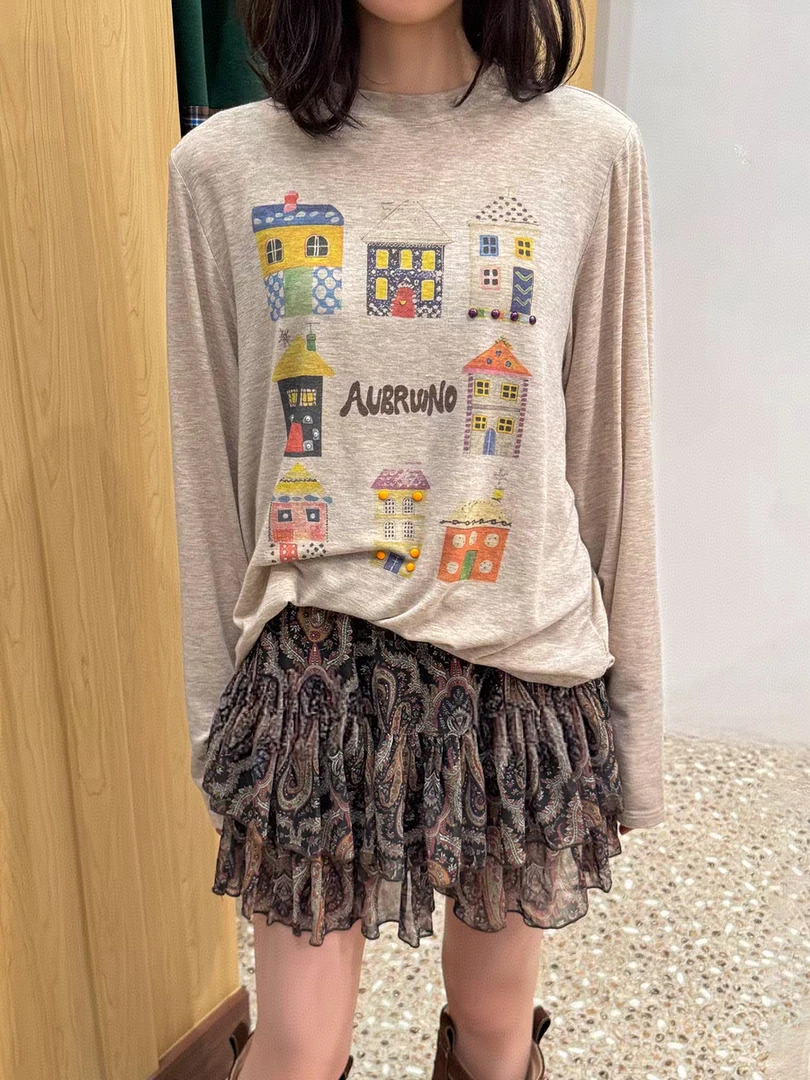AUB25新款小房子印花长袖T恤
