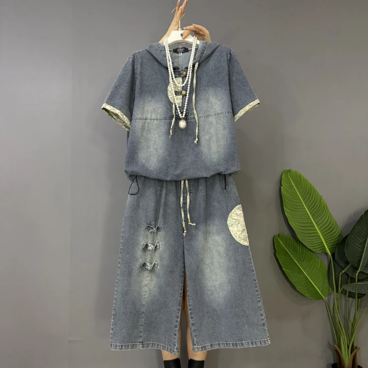 新款大码女装时尚洋气复古作旧轻奢牛仔显瘦套装