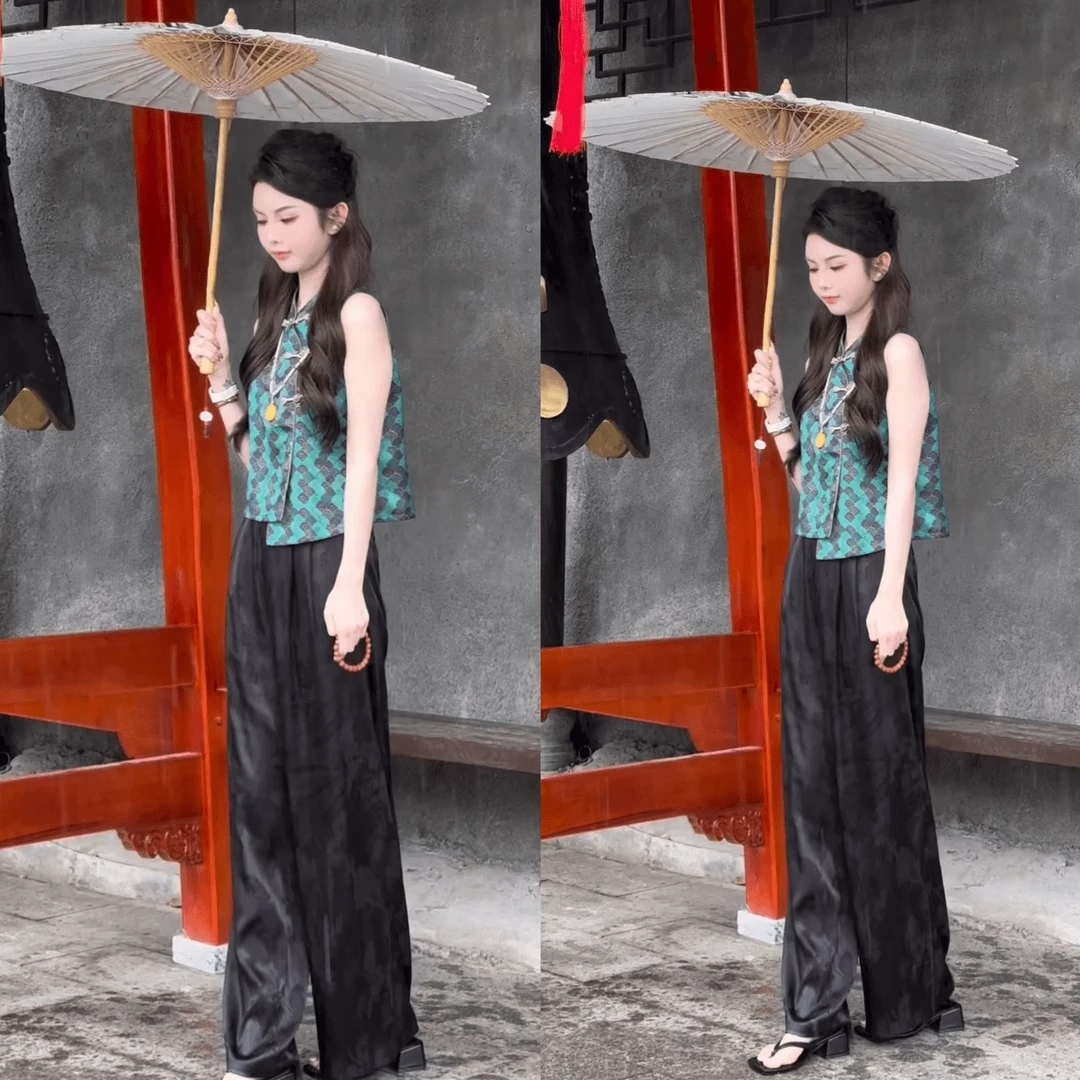 烟雨江南新中式国风套装2025夏季复古提花无袖马甲上衣阔腿裤子