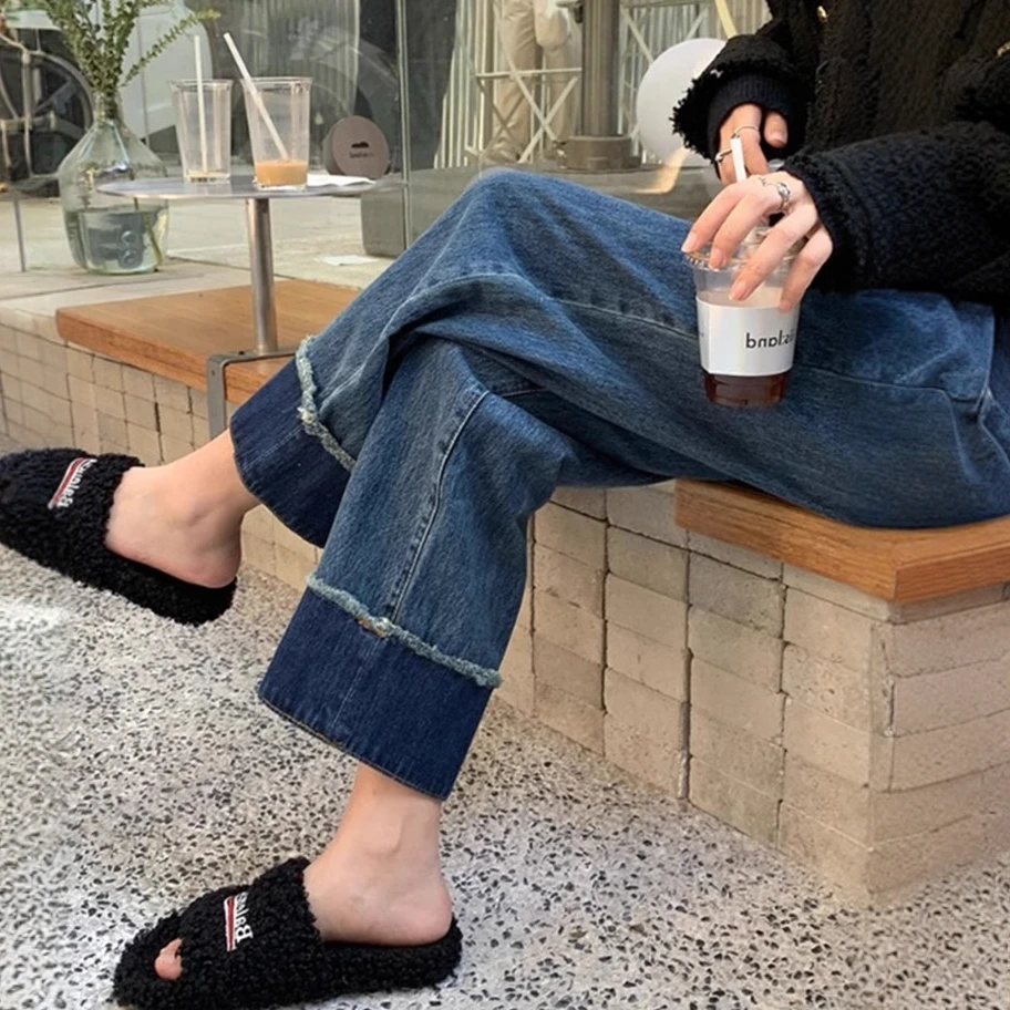 复古卷边阔腿牛仔裤女2025春季新款小个子梨形身材宽松显瘦直筒裤