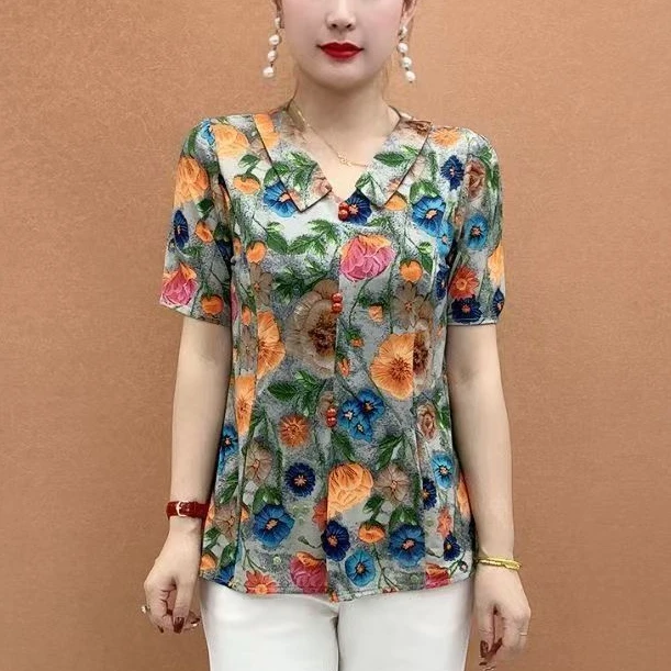 翻领百搭2025新款宽松显瘦气质减龄妈妈装夏季短袖时尚女装小花衫