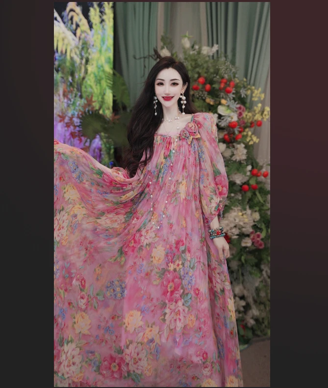 【花中秘境】气质真丝印花舒适宽松时尚清凉女装大摆连衣裙251D591