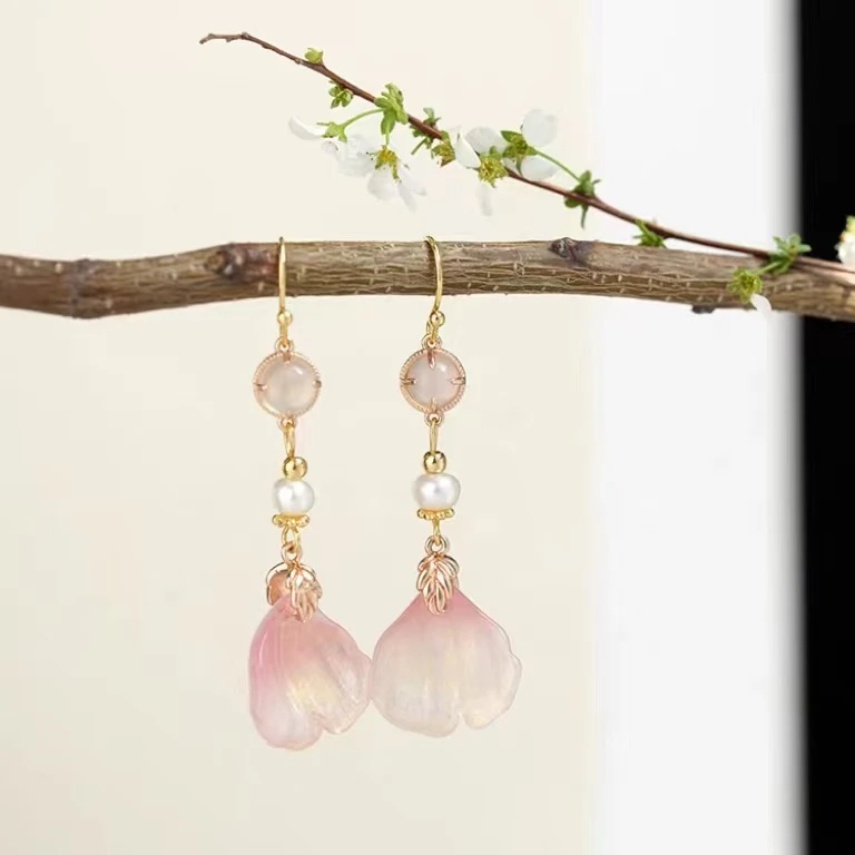 铜合金耳饰 复古古风琉璃粉牡丹花瓣耳环耳坠207