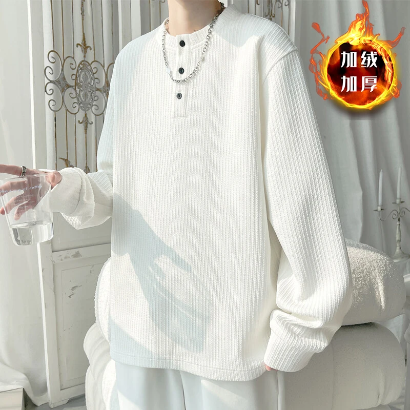 排扣亨利领长袖T恤男秋冬肌理感加绒宽松休闲百搭套头内搭上衣