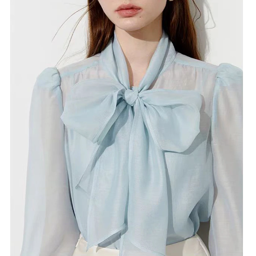 CS1225甜美荷叶边蓝色气质衬衣长袖洋气时尚小众系带设计感