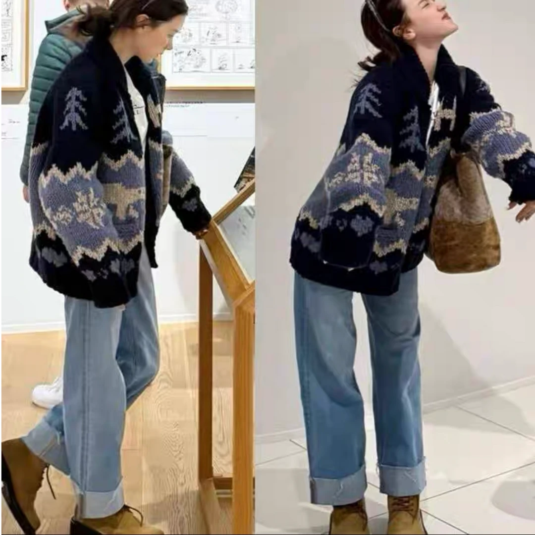 小水平采娜同款宽松费尔岛圣诞印花拉链毛衣针织开衫上衣女秋冬季