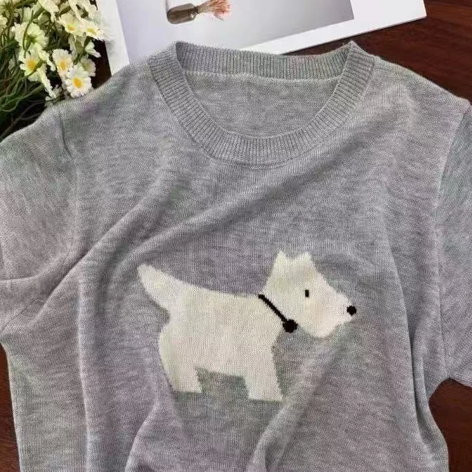 M1051大码早秋羊毛针织长袖提花小狗显瘦减龄宽松内搭上衣