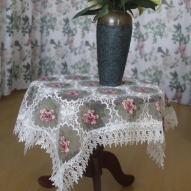 ZN004-17玻璃纱【90*90】高织高密玻璃纱白粉十字绣水溶花边桌布