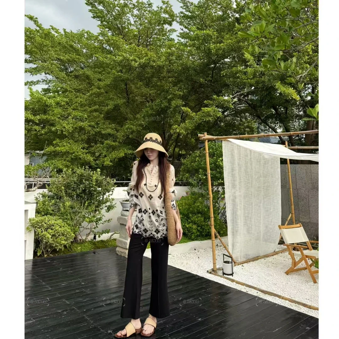 超好看老钱风时尚设计感宽松碎花长袖V领短排扣衬衫气质夏季上衣