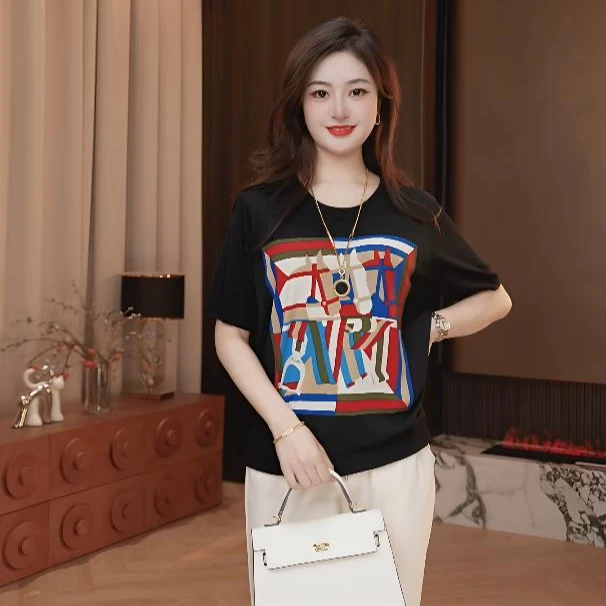 2025新款时尚复古百搭短袖宽松显瘦减龄T恤气质休闲印花针织衫女