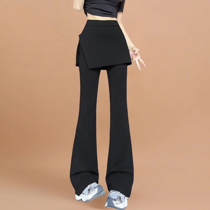 黑色屁帘假两件微喇西装裤女春夏季高腰显瘦垂感薄款加长喇叭裙裤