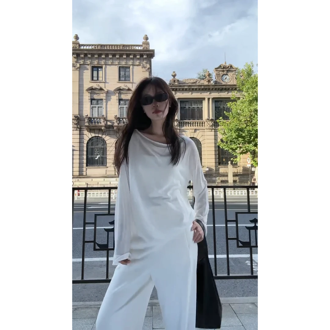 2025早秋新款清冷松弛感穿搭慵懒风长袖上衣搭高腰阔腿长裤套装女