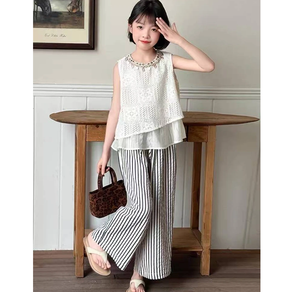 【haobaby】2025夏款圆片项链编织网衣条纹裤套装1371