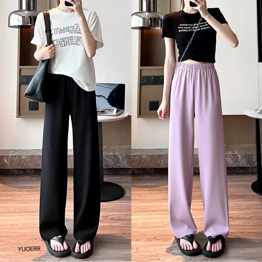 YUOERR  25夏季新款滑滑裤垂感窄版直筒裤西装高腰阔腿显瘦拖地裤
