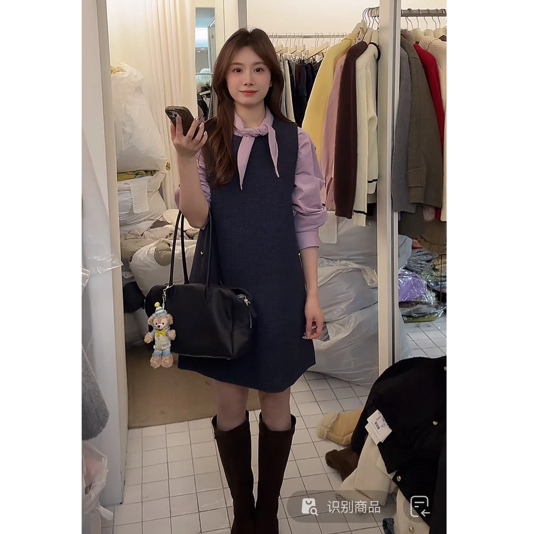L-23802#FU#拿捏秋冬韩系氛围感穿搭~温柔大方格子毛呢背心裙(福
