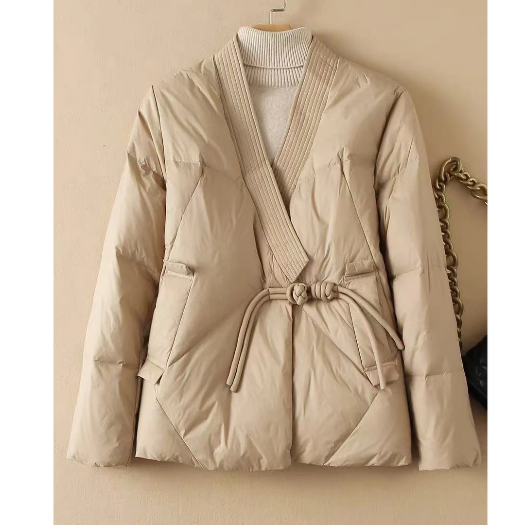 F23167 秋冬复古V领盘扣时尚百搭羽绒外套