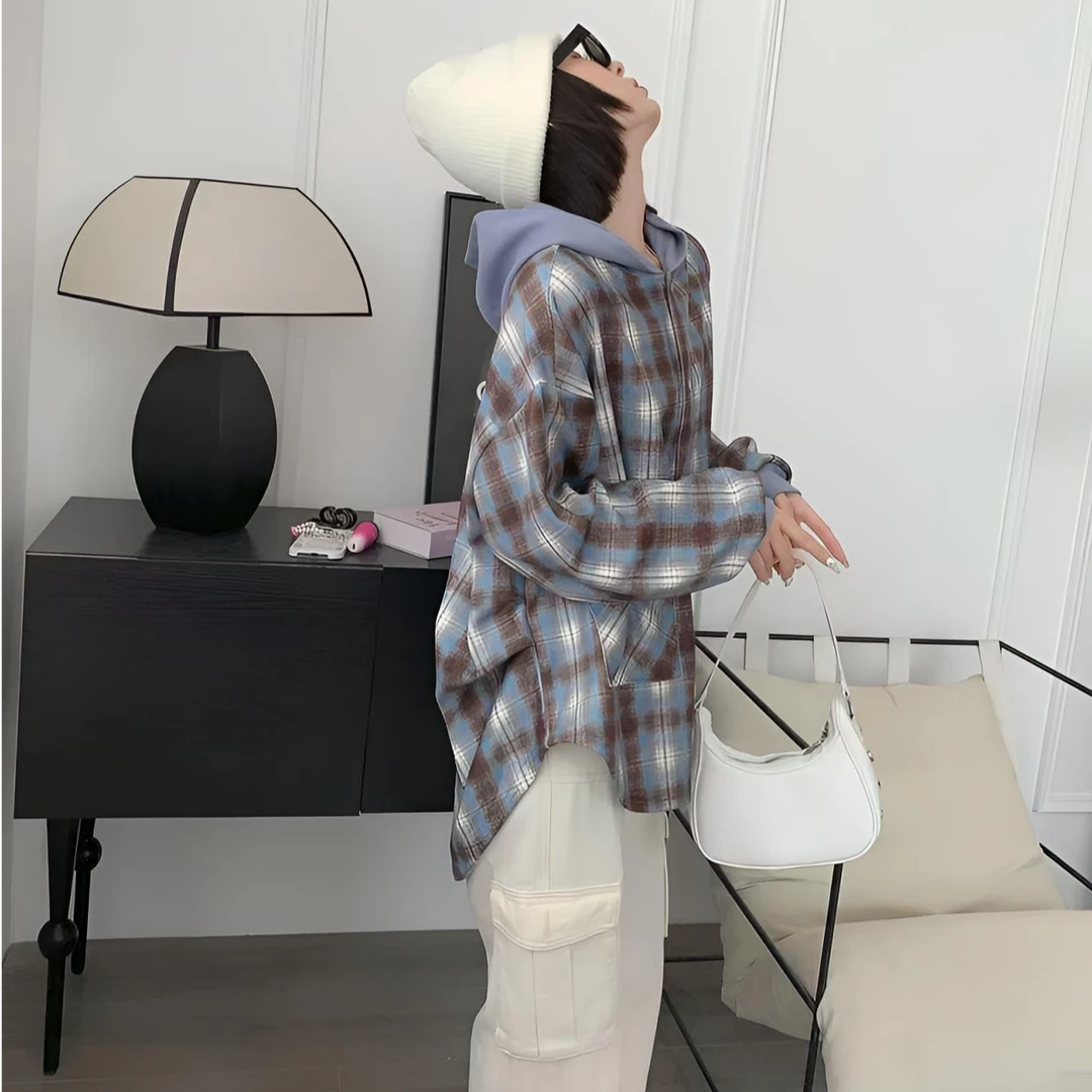 猫鼠熊精选格子连帽宽松百搭男女情侣款外套春秋长袖休闲学生韩版