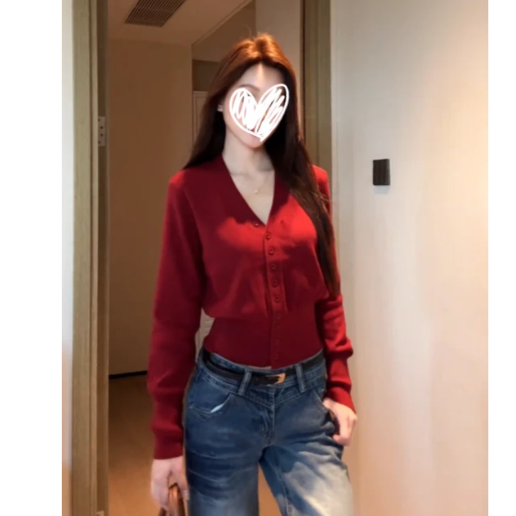 【织风私语】美式复古潮小众红色毛衣针织开衫女V领毛衫外套