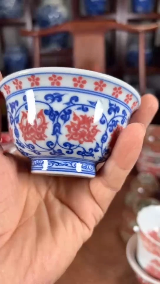 柴窑青花釉里红压手杯杯