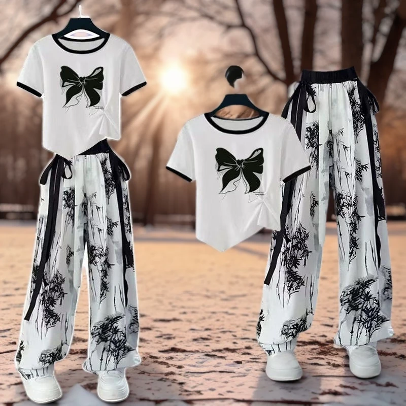 女童新中式国风冰丝套装中大童水墨画阔腿裤时尚超仙洋气两件套潮