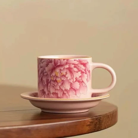 陶子茶具 粉汝窑国色天香牡丹咖啡杯陶瓷马克杯-4344