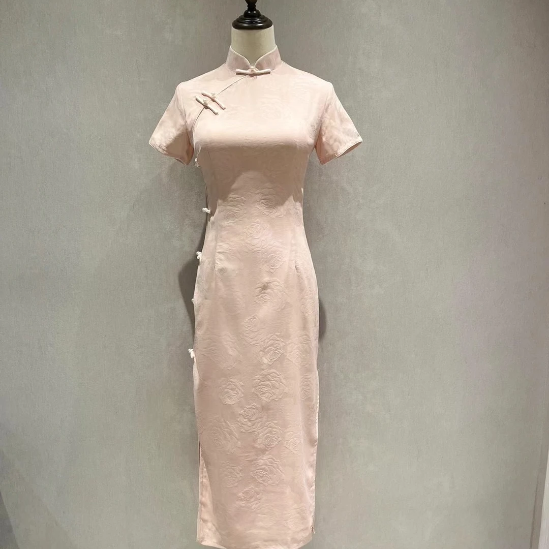 【春风初绽】2025春款新出炉紫粉铜氨丝提花气质新中式国风复古旗袍